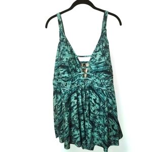 Women’s Teal Tropical Print Swim Dress with V-Neck